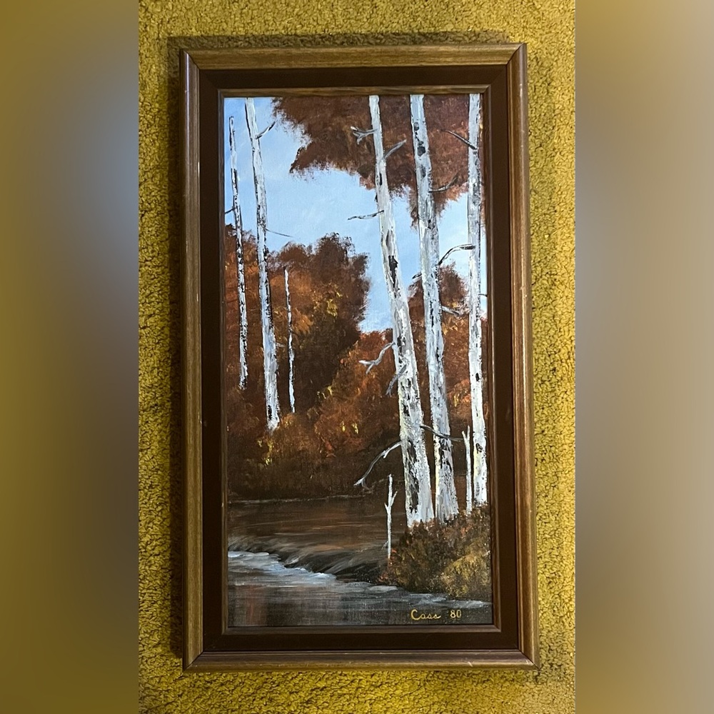 Vintage Oil Canvas Painting Velvet Framed Landscape Signed Cass 1980 28 X 16